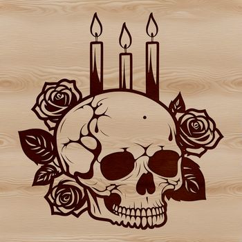 A stylized Gothic skull with intricate details, set against a dark background.