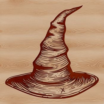 A witch's silhouette adorned with a pointy hat and surrounded by mystical elements.