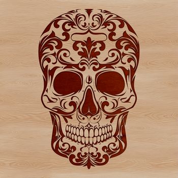 A detailed, ornate skull design with intricate details suitable for tattoo art or stencil use.