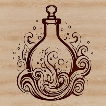 Illustration of an ornate witch's potion bottle surrounded by magical symbols and gothic elements.
