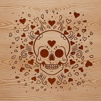A stylized skull design featuring love hearts, suitable for use in crafting and DIY projects.