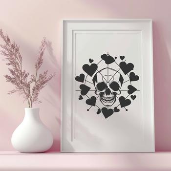 A detailed illustration of a skull with heart symbols embedded within its design.