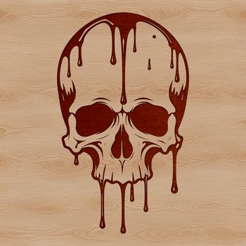 A stylized illustration of a skull with dripping liquid effect.
