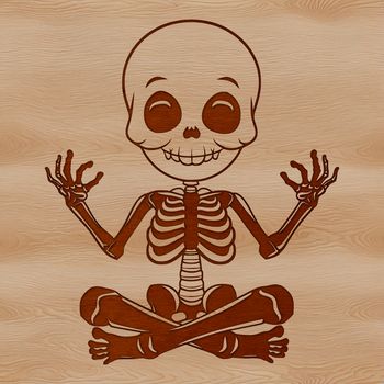 A 2D illustration of a seated human skeleton with bony details.