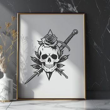A stylized illustration of a skull with a rose embedded in its forehead, symbolizing the darkness and mystery of Halloween.