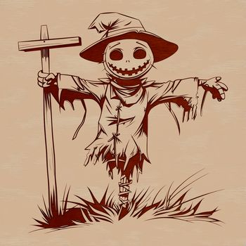 A witch stands in front of a scarecrow, surrounded by autumnal foliage and a full moon.