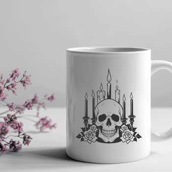 A detailed illustration of a Gothic-style skull surrounded by a pair of candles, set against a dark background.