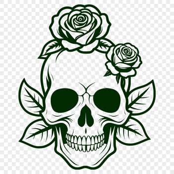 A detailed illustration of a skull with a Gothic-inspired design, featuring intricate details.