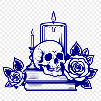 A classic Gothic-style skull with a rose placed on top, ready to be edited or customized in various design software.