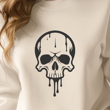 A vector graphic design featuring a spooky, detailed skull with a drippy effect in a Gothic style.