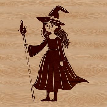 A standing witch with a broom and pointed hat casting a spell surrounded by magic candles and spider webs.