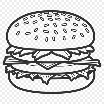 A illustration of a classic hamburger with cheese, lettuce, and tomato on a sesame seed bun.