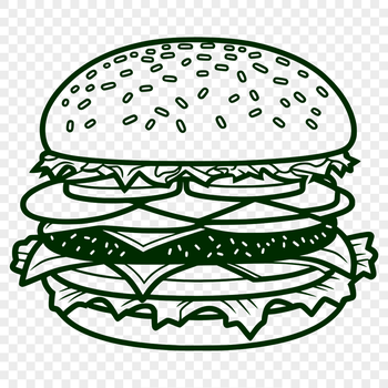 A stylized illustration of a classic hamburger with cheese and lettuce.