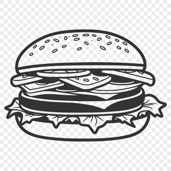 A simple illustration of a classic cheeseburger with a bun, patty, lettuce, tomato, and slice of cheese.