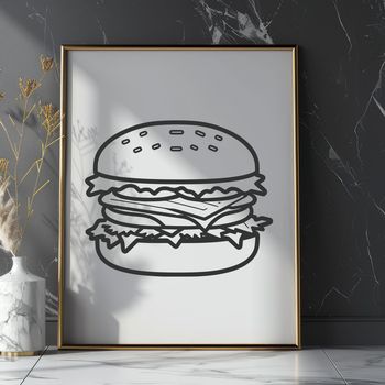 A simple illustration of a classic hamburger with condiments on top.