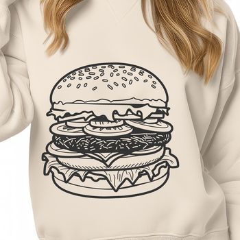 A classic American-style hamburger with cheese, lettuce, and tomato on a bun.