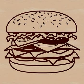 A simple design illustration of a classic hamburger with a rounded bun, beef patty, lettuce, tomato, and cheese.