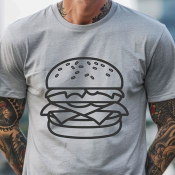 A colorful illustration of a classic hamburger with lettuce, tomato, and cheese on top.