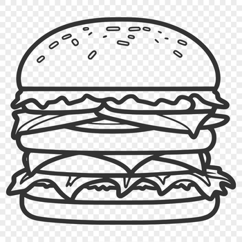 A digital illustration of a classic cheeseburger with patty, bun, lettuce, tomato, and cheese.