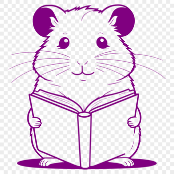 A cartoon illustration of a hamster sitting on its hind legs, holding an open book in front of it.