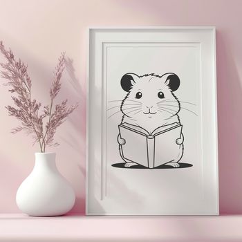 A cartoon hamster sitting on a cushion and reading a book with an expression of interest.