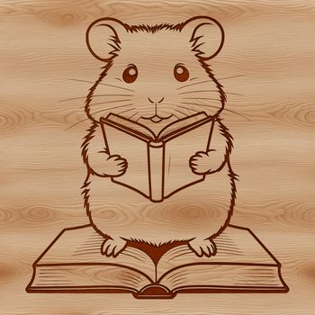 A cartoon hamster sitting on a chair, reading a book with interest.