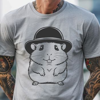 A small, furry hamster standing on its hind legs wearing a tiny hat, created as a vector graphic.