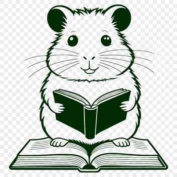 A small hamster sitting on a miniature chair reading a book, suitable for clip art and vector design.