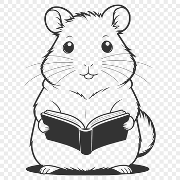 A cartoon hamster sitting in front of an open book, surrounded by books and a desk, with a thoughtful expression.