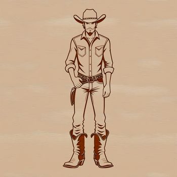 A western-style illustration of a cowboy in a traditional outfit.