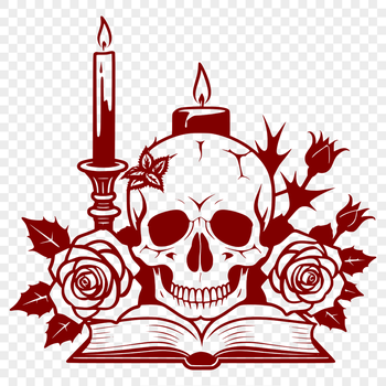 A gothic-inspired illustration of a skull with a rose and book placed in front of it, suitable for various design projects.