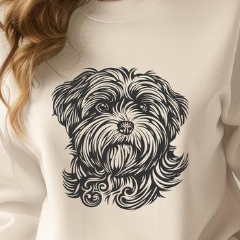 A small breed dog with an ornate head.