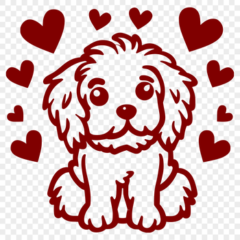 A simple line drawing of a full-bodied Havanese dog sitting, surrounded by love hearts in various colors.