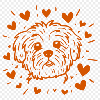 A small breed dog with a gentle expression, surrounded by heart symbols.