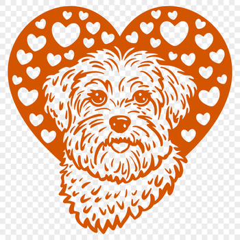 A stylized illustration of a Havanese dog's head with love hearts surrounding it.
