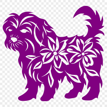 A standing dog with a floral patterned coat.