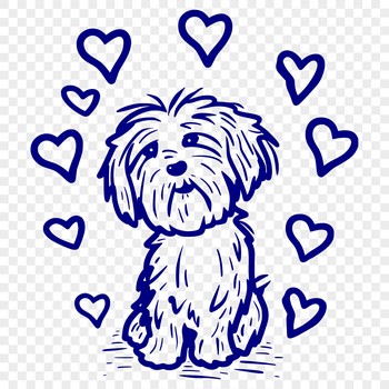 A close-up illustration of a Havanese dog sitting on its hind legs with heart symbols surrounding it.