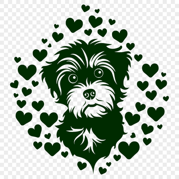 A portrait of a small breed dog with a calm expression and surrounded by love hearts.