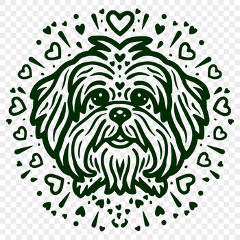 A stylized illustration of a Havanese dog's head with love hearts surrounding its features.