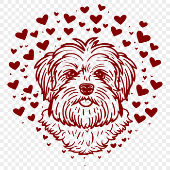 A cute havanese dog with heart accents on its head.