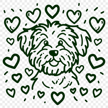 A stylized illustration of a Havanese dog with hearts surrounding its head.