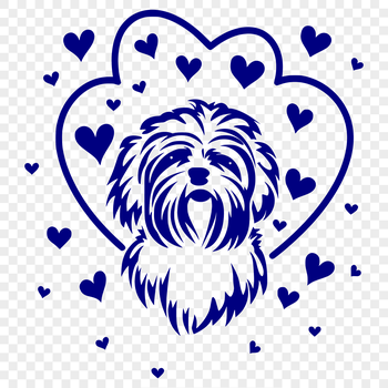 A small white dog with a long, fluffy coat, sitting proudly with a heart above its head.
