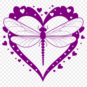 A colorful dragonfly design featuring love hearts in various shapes and sizes.