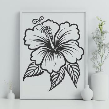 A detailed illustration of a hibiscus flower with five large petals and a central cluster of stamens.