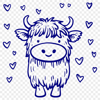A full-body illustration of a standing Highland cow with love hearts incorporated into its design.