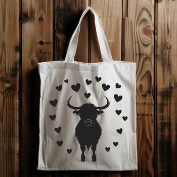 A standing Highland cow with heart symbols on its fur, depicted in a simple vector design.