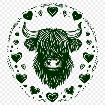 A Scottish Highland cow with love hearts scattered on its body, set against a simple background.