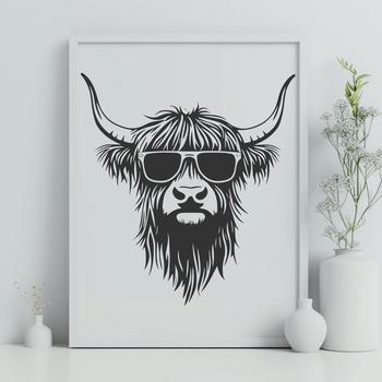 Highland cow standing outdoors with sunglasses on its head, a farm animal illustration in vector format.