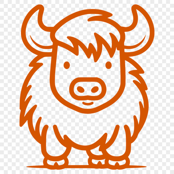 A simple line drawing of a Highland cow standing on its four legs.