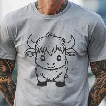 A standing Highland Cow with a rugged coat pattern, depicted in detailed vector art.